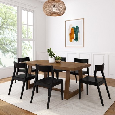 Plank+Beam 72" Classic Solid Wood Dining Table Set, Walnut Wirebrush, + 6 Chairs