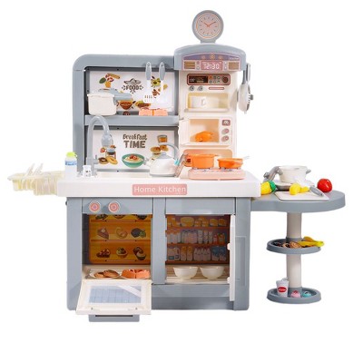 MOVSSOU Kids Kitchen Play Set of 49 Pcs Pretend Play Kitchen Toy Set Lights Sounds Gray