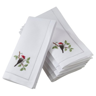 Saro Lifestyle Handmade Woodpecker Embroidery Napkin with Hemstitched Border (Set of 6), 20"x20", White