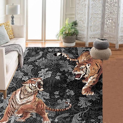 Washable Rugs Modern Tiger Rug Non-Slip Boho Vintage Floral Print Low Pile Stain Resistant Carpet for Bedroom Living Room