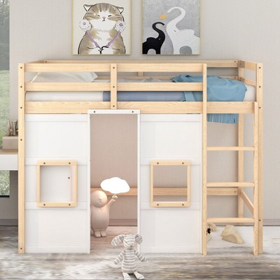 PAGED Twin Size Loft Bed Modern Wooden Bed Frame with Wardrobe, 2 Windows and Ladder and Guardrail for Bedroom