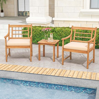Costway 3 Pieces Acacia Wood Patio Bistro Set Outdoor Conversation Set with Cushions Off White/Gray/Navy