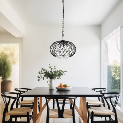 DORESshop 3-Light Matte Black Drum Pendant Light Chandelier with Decorative Crystal Shade E12 Base for Dining Room or Living Room