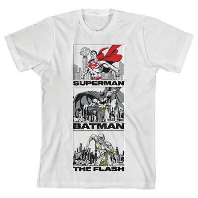 Justice League Superman Batman Flash City Line Art White T-Shirt Toddler Boy to Youth Boy
