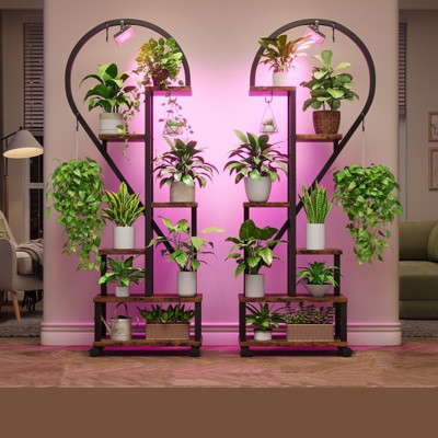 Bestier 65’’ Heart Shaped Plant Stand with Grow Lights & Wheels, 6-Tier Tall Metal Plant Shelf Display Shelf with Hanging Hooks