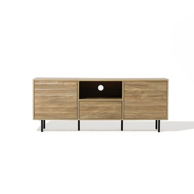 LuxenHome Mid-Century Modern Wave 2-Door 1-Drawer TV Stand with Metal Legs Brown