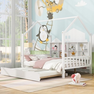 Full Size House Bed with Trundle and Shelf for Bedroom