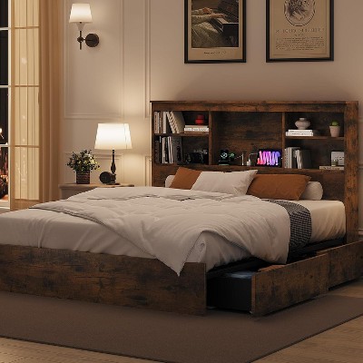Bed Frame with High Storage Bookcase Headboard, Platform Bed Frame with 4 Storage Drawers,No Box Spring Needed, Metal Frame, Noise-Free