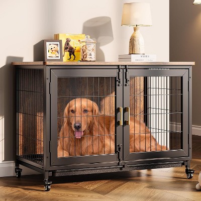 Nasitip 37.5" Dog Crate Furniture with Wheels, Wooden Dog Kennel with Pull Out Tray, Decorative Dog Cage End Table