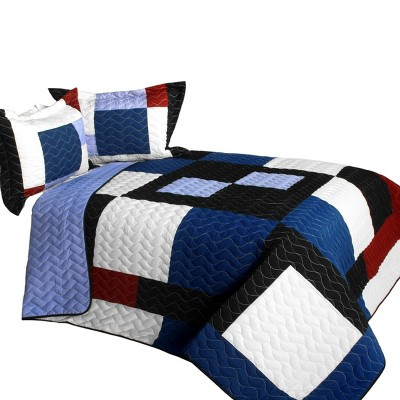 Slickblue Full/Queen 3PC Quilt Set, Block Design in Blue or Green, Vermicelli Quilted, Reversible, with 2 Shams