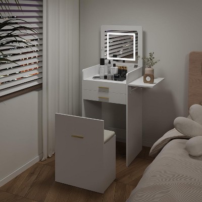 ELECWISH Vanity Set with Flip-top Mirror and Lights, Compact Mini Dressing Table with Fold-up Panel and Storage Chair