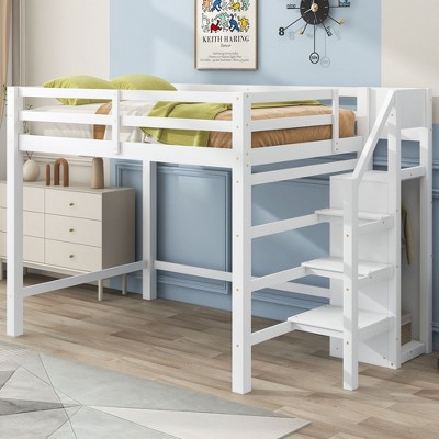 NicBex Full Size Loft Bed Pine Bed Frame with Built-in Wardrobe, Stairs and Full Length Guardrail, No Box Spring Required