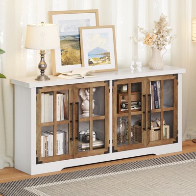 AMERLIFE 63" Farmhouse Sideboard, Wood Buffet with Glass Doors, Shelves, Living Room Storage, Coffee Bar
