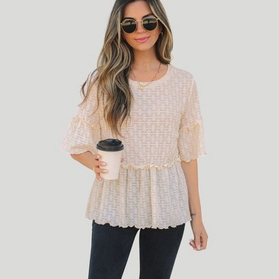 Amaryllis Women’s Textured Peplum Top Semi Sheer Embroidered Overlay Flounce Short Sleeves