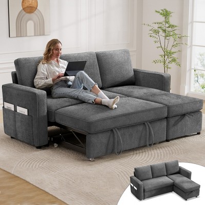 Vipbear 81" Sleeper Sofa Bed, 2 in 1 Pull Out Couch with Reversible Storage Chaise, Dark Grey