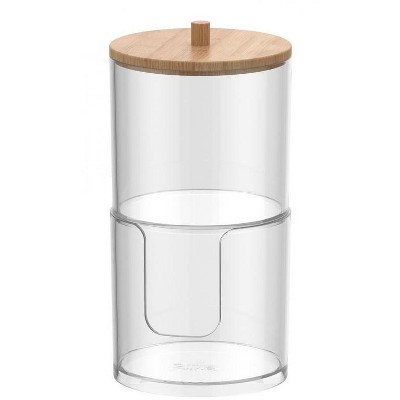 Acrylic Q tip Dispenser and Cotton Pad Holder with Bamboo Lid, 2 Tier Nonslip Round Bathroom Organizer Jars for Cotton Balls, Swabs, Makeup Pads