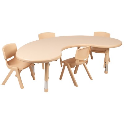 Emma and Oliver 35"W x 65"L Half-Moon Plastic Height Adjustable Activity Table Set with 4 Chairs