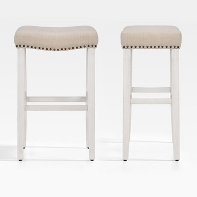 WestinTrends 29" Upholstered Saddle Seat Bar Stool (Set of 2), Antique White/Beige