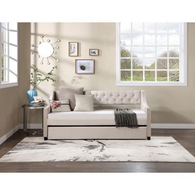 VASIP  Twin Size Daybed with Trundle ,Upholstered Tufted Design with Copper Nail Trim ,No Box Spring Needed, for Guest Room,Bedroom,Gray