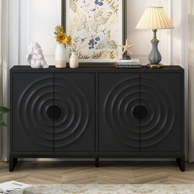 TiramisuBest Black Wooden Sideboard Cabinet with Water Wave Door Design, Rubberwood Veneer & Adjustable Shelves for Living Room, Entryway, Study
