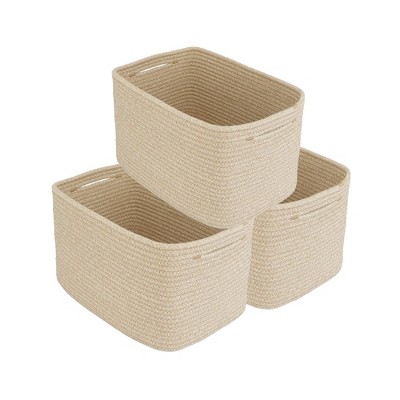 Aoibox Woven Cotton Rope Storage Basket Rectangle Organizer Soft Decorative Bin for Shelves Clothes Toys 3 Pack Oatmeal