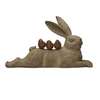 Storied Home Decorative Resting Rabbit with Birds Figurine, Brown