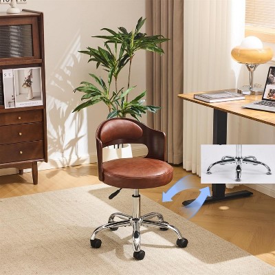 VINGLI Armless Office Desk Chair,,Dual-Use with/no Wheels,Small Adjustable Swivel Walnut Curved Task Chair for Study Area,Workspace,PU