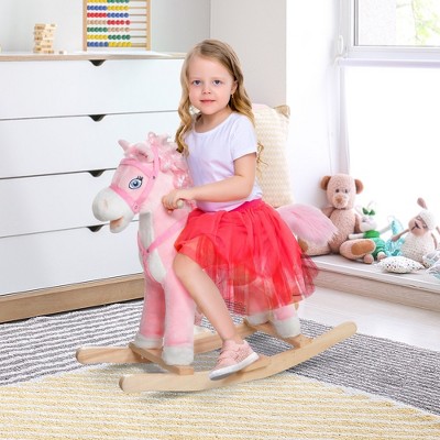 Whisen Kids Pony Plush Rocking Horse with Long Hair Design, Riding Rocker Toy Gift for 3+ Years Old - Pink