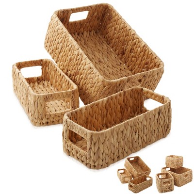 Casafield Water Hyacinth Storage Baskets, 3 Piece Set for Shelves - Woven Storage Bin Organizers with Handles
