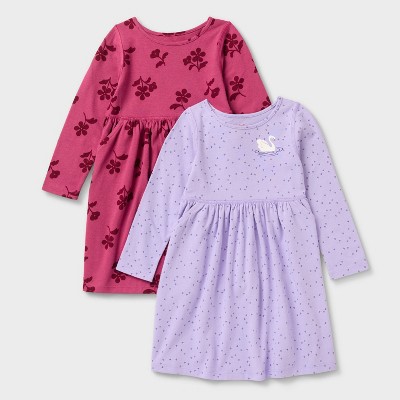 Toddler Girls' 2pk Adaptive Long Sleeve Swan and Floral Printed Dress - Cat & Jack™ Berry Pink/Purple
