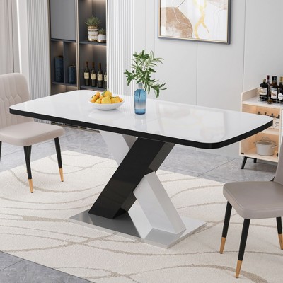 NicBex Modern Square Stretchable Dining Table with X-Shape Leg and Metal Base for 4 to 6, for Dining Room, Living Room, Space-Saving