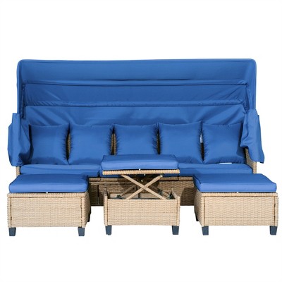 COWLOWN 4-Piece UV-Resistant Patio Sofa Set, Retractable Canopy, Adjustable Recliners & Lift Table