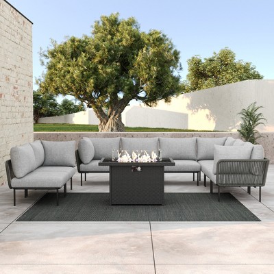 LayinSun 9 Pieces Rope Woven Patio Furniture Set, Modern Modular Sectional Sofa with Fire Pit Table and Upgrade Thickness Cushion