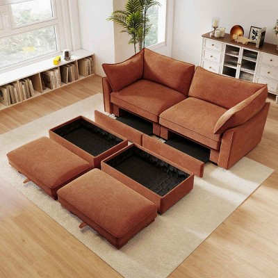 2-Seater Sectional Sofa with 2 Movable Footstools, Sofa with Pull-Out Storage Drawers, Upholstered Chenille Sofa with Cushion-Coolbibila
