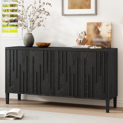 59.8" 4-Door Sideboard with Hidden Handles, Solid Ash Veneer Buffet Cabinet with Pine Legs for Living Room, Dining Room & Office - ModernLuxe