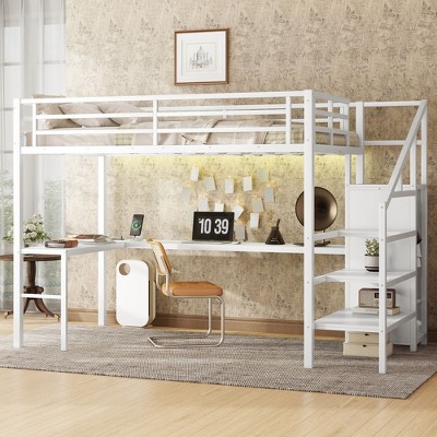 Full Size Loft Bed with L-shaped Desk and USB Metal Loft Bed with Wardrobe and Adjustable Shelf White