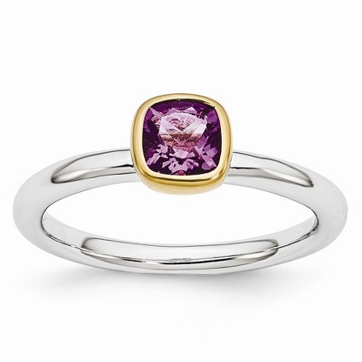 Black Bow Jewelry Two Tone Sterling Silver Stackable 5mm Cushion Amethyst Ring