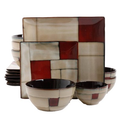 Gibson Elite 16pc Stoneware Azeal Dinnerware Set: Square Shape, Coral Orange, Microwave & Dishwasher Safe, Service for 4
