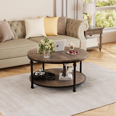 Round Coffee Table, 2 Tier Wooden Coffee Table with Storage, Farmhouse Center Tables for Living Room