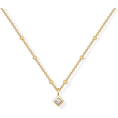 14K Gold Beaded Chain Necklace with Solitaire CZ Pendant