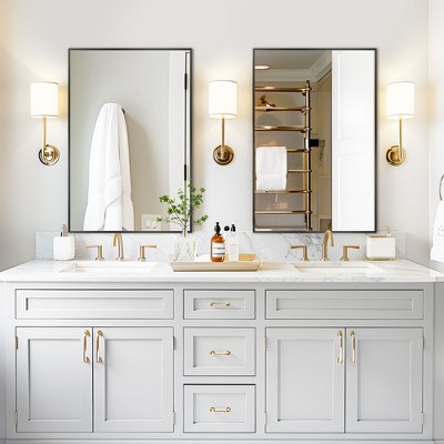 2 Pieces 36 In.H x 24 In.W Aluminum Alloy Fine Edged Right Angled Arch Black Hanging Mirror Frame Wall Mirror