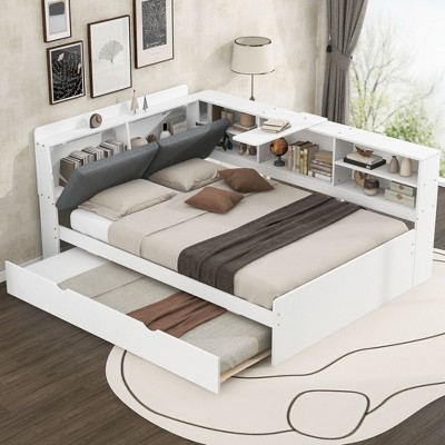 NicBex Full Platform Bed 81" L Modern Wooden Bed Frame with Storage Headboard, Shelves, Trundle for Bedroom, Guest Room, No Box Spring Required