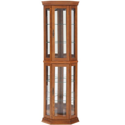 Lighted Corner Curio Cabinet - Glass Display Shelf with Tempered Glass Doors, Adjustable Shelving- Ideal Bar Cabinet for Home Decor-OAK
