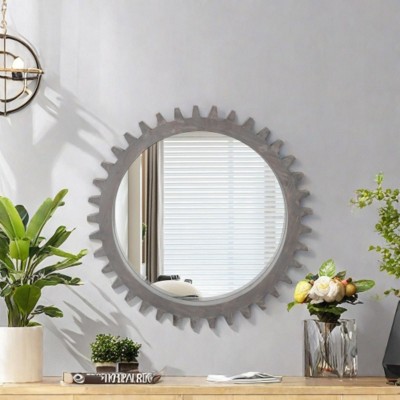 Vintage 26'' x 26'' Wall Wood Round Hanging Gear Shape Heavy Decorative Mirror For Bathroom Living Room Entryway Or Put Together To Your Liking
