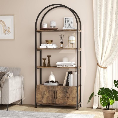 Arched Bookshelf, 4-Tier Arched Bookcase with Doors Storage, 71.5" Tall Industrial Book Shelf with Studry Metal Frame and Open Shelves