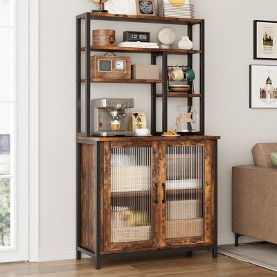 Kitchen Bakers Rack with Large Cabinet, Tall Bar Cabinet with Storage. Large Microwave Stand with Shelf, Vintage Brown