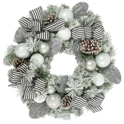 Northlight Frosted Pine Artificial Christmas Wreath with Striped Bows - 24" -  Unlit