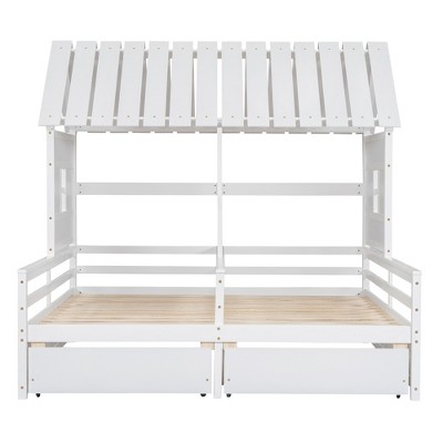 YOOCOZZ Twin Size House Platform Double-Bed with Roof and Windows and 2 Storage Drawers
