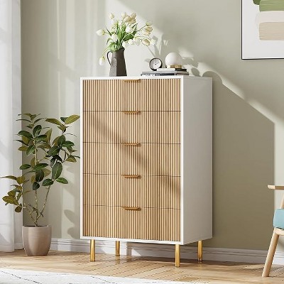 48" Tall 5-Drawer Dresser - Modern Wood Storage Cabinet ,Gold Handles, Vertical Organizer for Bedroom to Entryway