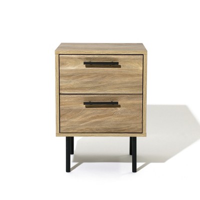 LuxenHome 21'' Mid-Century Modern Wave 2-Drawers End Table and Nightstand with Metal Legs Bedside Accent Side Table for Bedroom Living Room Brown
